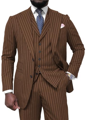 Men's Pinstripe Suit 3 Piece Classic Fit Slim Fit Suit Tuxedo Jacket Vest Pants Casual Suit for Business Wedding Prom