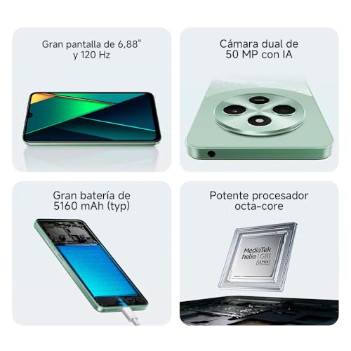 Infografía que destaca las características del Xiaomi Poco C75 como pantalla de 6.88 pulgadas, cámara de 50 MP, y batería de 5160 mAh