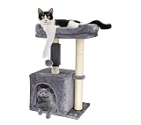 Hapineko（ハピネコ） キャットタワー ミニ 猫タワー 小型 低い 小さめ コンパクト セルフグルーマー 爪とぎ ポール2点 見おろし展望台 隠し部屋付き 高さ68CM (M,ライトグレー)