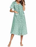 Ekouaer Womens Snap Front Dusters Cotton Housecoat Short Sleeve Nightgown House Dress With Pockets Light Green Floral L