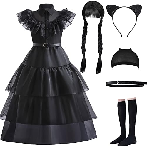 VORLITS Wednesday Addams Costume Dress For Girls Dress Up Fancy Halloween Cosplay Outfit Christmas Party With Wigs Belt