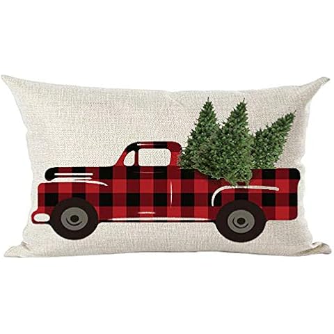 ramirar Retro Claret Wine Red Black Plaid Pickup Truck Merry Christmas Trees Decorative Lumbar Throw Pillow Cover Case Cushion Home Living Room Bed Sofa Car Cotton Linen Rectangular 12 x 20 Inches Cover