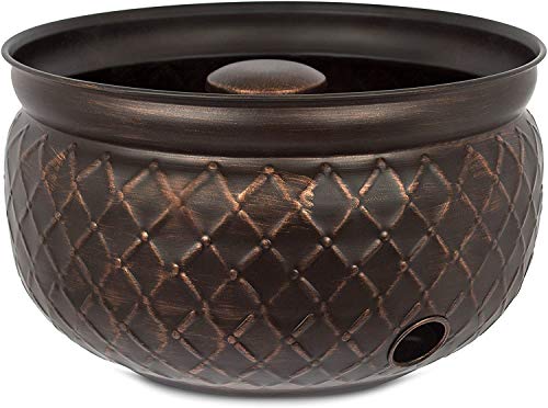 BIRDROCK HOME Water Hose Holder - Decorative Metal Pot, Indoor or Outdoor, Garden Storage Organizer, Patio Portable Bucket - Embossed Steel w/Copper Accents, Holds up to 100ft Hoses, Medium No Lid