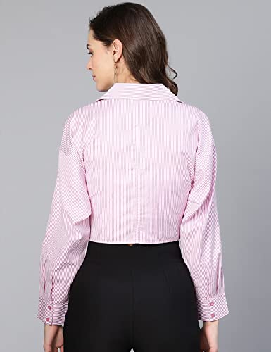 Image of oxolloxo Women Stripe Print Open Collared Cotton Crop Shirt