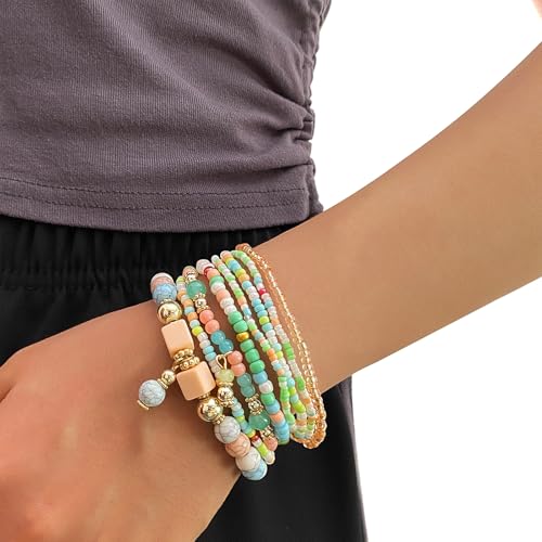 IFKM 8PCS Beaded Bracelets for Women, Multilayered Stackable Strand Stretch Bead Bracelet Pack Handmade Trendy Bohemian Charm Jewelry Colorful - Thumbnail 3