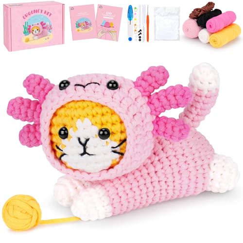 Crochet Kit for Beginners, Cat Dress in Axolotl Crochet Kit, Complete Crochet Animal Kit with Step-by-Step Video Tutorials, Easy Knitting Kit for Adults, DIY Cat Craft Kit for Galentines Gifts