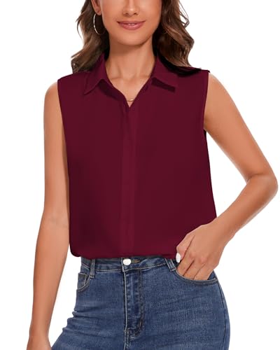 SPRING SEAON Chemises boutonnées sans manches pour femme - Col classique - Débardeur basique - Pour le travail, le bureau - En mousseline de soie - Décontracté, rouge bordeaux, XL