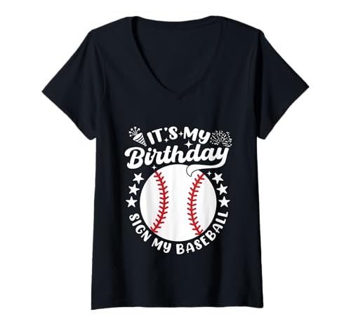 Mujer Cartel de cumpleaños con texto «Es mi camiseta», divertida para amantes del béisbol Camiseta Cuello V