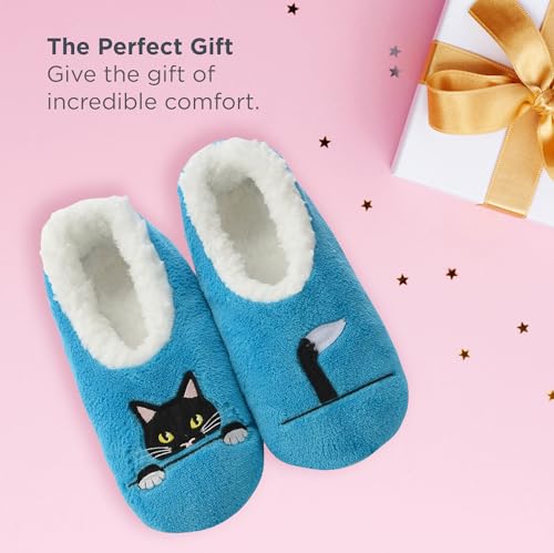 Snoozies Pairables Black Cat Slippers for Women with Soft Sherpa Lining, Cute Animal Slippers (Peek-A-Boo Blue, Small)