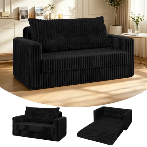 Image of HABUTWAY 49.8 inch Loveseat Boneless Couch, 4-in-1 Convertible Sofa Bed, Plush Fur Folding Futon Sofa Bed Couches with a Pillow for Living Room, High-Density Foam Support, No Assembly Required, Black