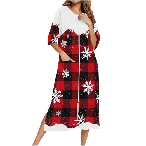 Women's Christmas Zipper Robes 3/4 Raglan Sleeve Loose Nightgown Slit Side Loungewear Dress Housecoat with Pockets