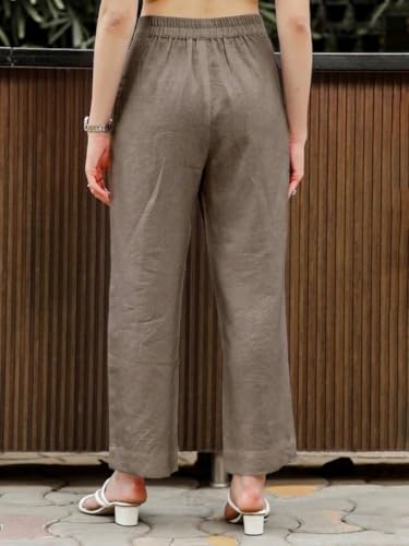 Image of Vogaan Women Cotton Linen Blend Straight Fit Trousers | High Waist Casual Office Pants | Solid Ankle Length Bottom Wear
