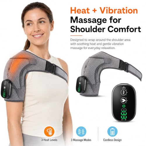 Image of Cordless Shoulder Heating Pad with Massage, Shoulder Massager with Heat, Heated Shoulder Wrap for Left or Right Shoulder, 3 Heat Levels & 3 Vibration Modes, 5000mAh Rechargeable Battery, Grey