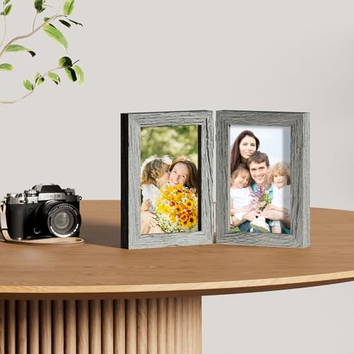 decorUhome Double 4x6 Picture Frame Vertical, Engineered Wood Bifold Photo Frame with Plexiglass for Tabletop Display, 4x6, Grey