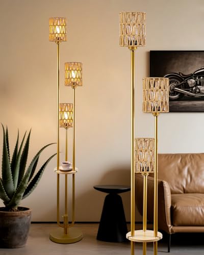 Lightdot Dimmable Boho Floor Lamps with 5Lbs Heavy Base for Living Room, 3-Lights Rattan Floor Lamp with Shelves Rustic Gold Standing Lamp with Warmwhite Bulbs Included for Sofa Beside/Corner Decor