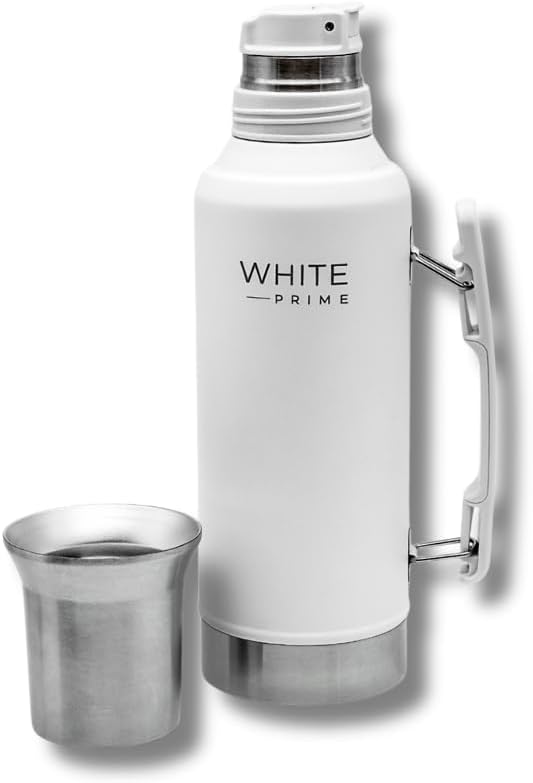 White Prime Mate Thermos 1.2L – Stainless Steel Double Wall Vacuum Bottle with Precision Spout & Handle, Large Insulated Water Bottle for Yerba Mate