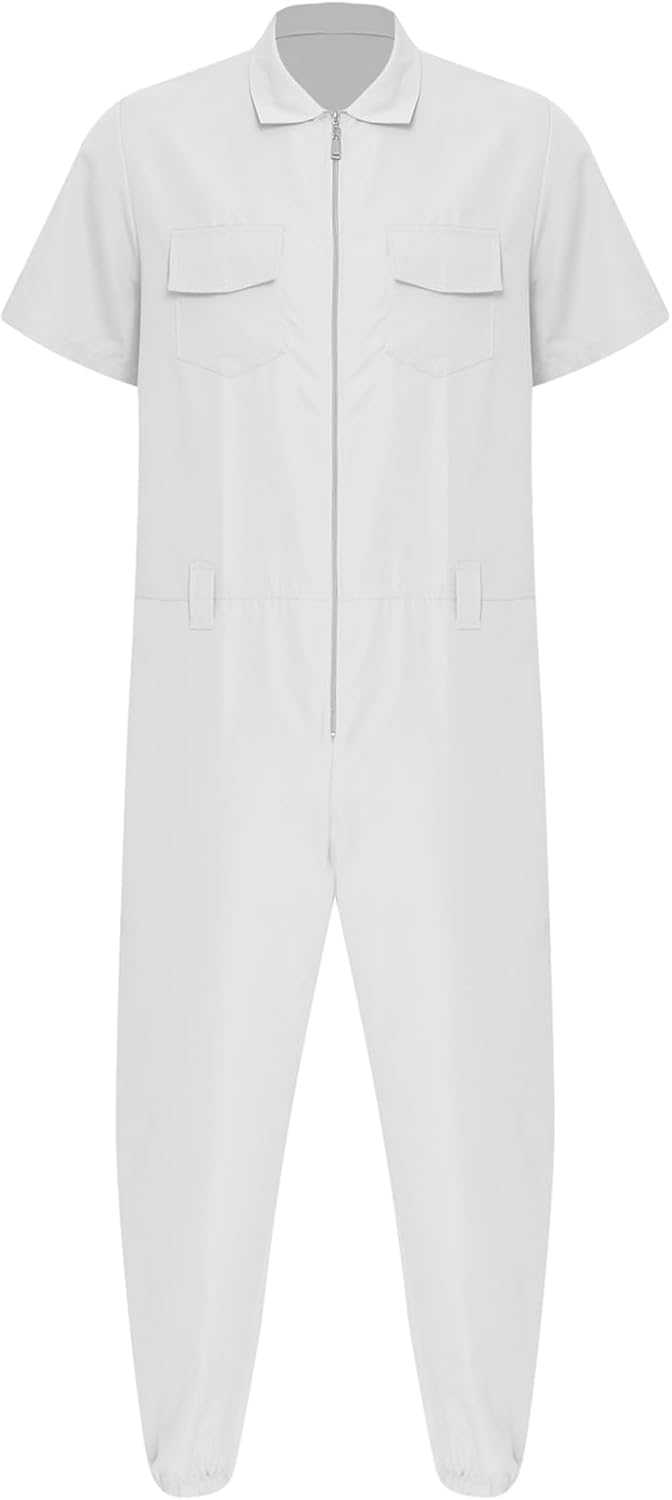 Men's Work Coveralls Short Sleeve Lapel Front Zipper Pockets Jogger Pants Jumpsuits