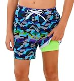 Latnnut Boys Swim Shorts with Compression Liner Size 7-8 Blue Camouflage Swim Trunks Big Kids Bathing Suit Beach Boardshorts Swimwear
