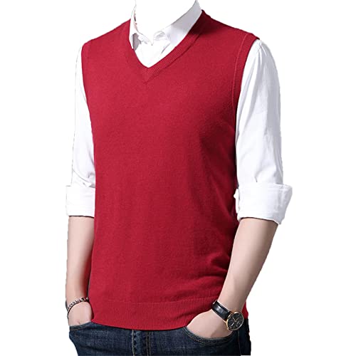 Men's V-Neck Knitted Vest Solid Color Sleeveless Knitted Vest Professional Wear Men's Casual Knitted Sweater Wool Vest (Medium,Red) #TOP28
