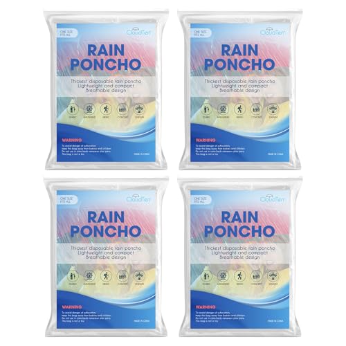 CloudTen Clear Rain Ponchos for Adults (4 Pack) | Thick and Compact Clear Disposable Rain Ponchos Family Pack - Camping Essentials and Good for Disney World Essentials
