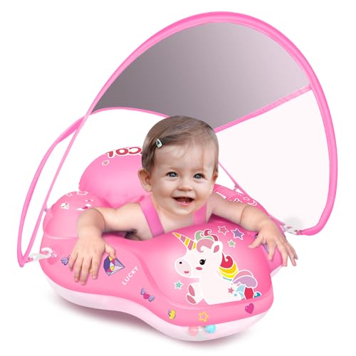 Image of Baby Pool Float No Flip Over, Inflatable Baby Float with Sun Protection Canopy, Baby Swimming Float, Baby Swim Float with Double Air Chambers, Add Tail for Age of 3-36 Months