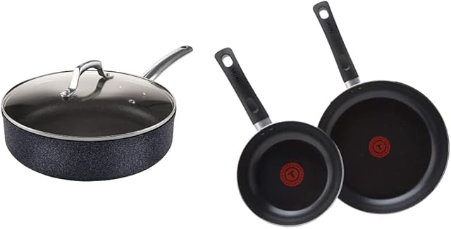 Tower T800033 Sauté Pan, Aluminium, 4.5 liters, Violet-Black & Tefal Aluminium Non-Stick 20cm & 28cm Frying Pan Twin Pack, Black