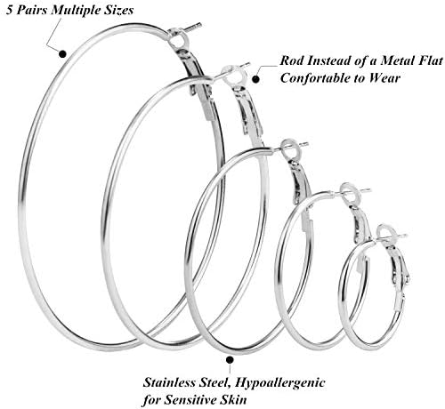 Elicola 5 Pairs Stainless Steel Hypoallergenic Shiny Large Hoop Earring Sets for Women Girl Silver