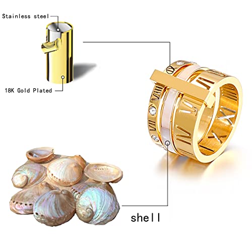 Yikoxi Stainless Steel Zirconia Rings For Women Girls Roman Numeral 3 In 1 Spinner Gold Weeding Ring Band (Inlaid Shells-Gold, 10) #TOP1