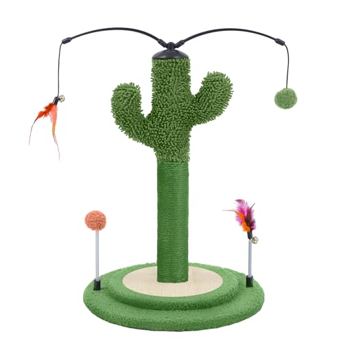 YUNIQUE Cactus Cat Scratching Post with Sisal Rope, Small Cat Tree with Dangling Balls & Feather for Kittens (Green, 22.8'')