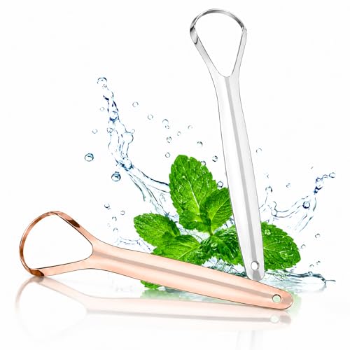 luxwo Gratte Langue, Lot de 2 Tongue Scraper Acier Inoxydable | Gratte-langue pour Homme et Femme, pour le Nettoyage de la Bouche, Réduit la Mauvaise Haleine (Argent & Or Rose)