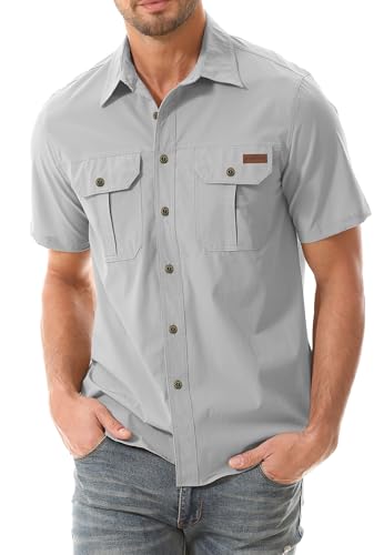 Zyvrenix Men's Casual Button Down Shirts Outdoor Short Sleeve Summer Beach Elastic Shirt with Pocket Light Gray L