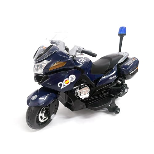 Moto Policía Nacional Española 24v - Azul- Moto eléctrica para niños Oficial de la Policía Nacional de España, Moto a batería Infantil con Luces, Sirena, música batería de 24V
