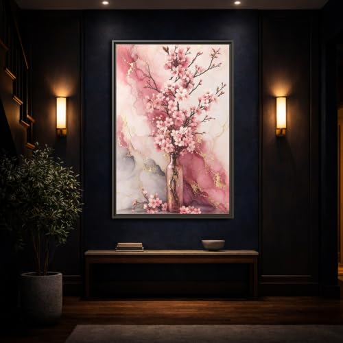 Impression toile cerisier fleurs rose or grand format salon