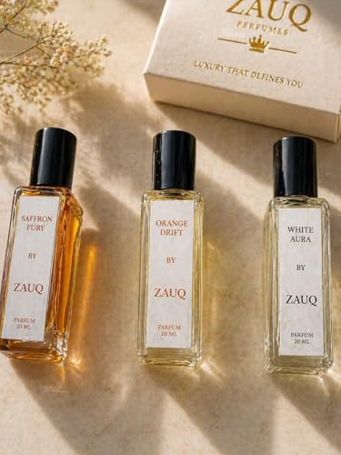 Image of ZAUQ Premium Perfume Gift Set for Men & Women | 4x20ml Parfum Collection | Orange Drift, Saffron Fury, White Aura, Blue Wood | Long Lasting French Fragrance | Perfect Luxury Gifting Box