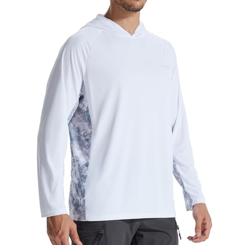 LOOGU Sun Hoodie UPF 50+ Shirts Long Sleeve Rash Guard Sun Shirts for Men Fishing Hiking Surfing Swimming White With Loogu Wave Camo (Gray) X-Large