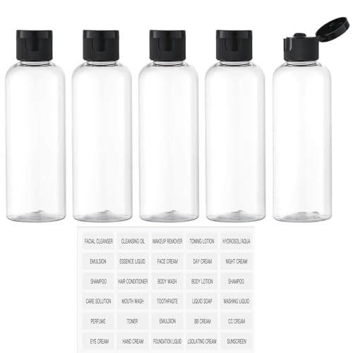 PIQIUQIU Set di 5 bottiglie da viaggio (100 ml), contenitore liquido per bagaglio a mano, trasparente, a prova di perdite, con 1 foglio di etichetta
