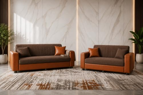 Image of 3+2 Sofa Set for Living Room | 3 Seater & Two Seater Sofa | Premium Fabric & Leatherette Upholstery | Soft Foam Cushions | for Home, Office & Reception | Pre-Assembled(Brown and Tan)