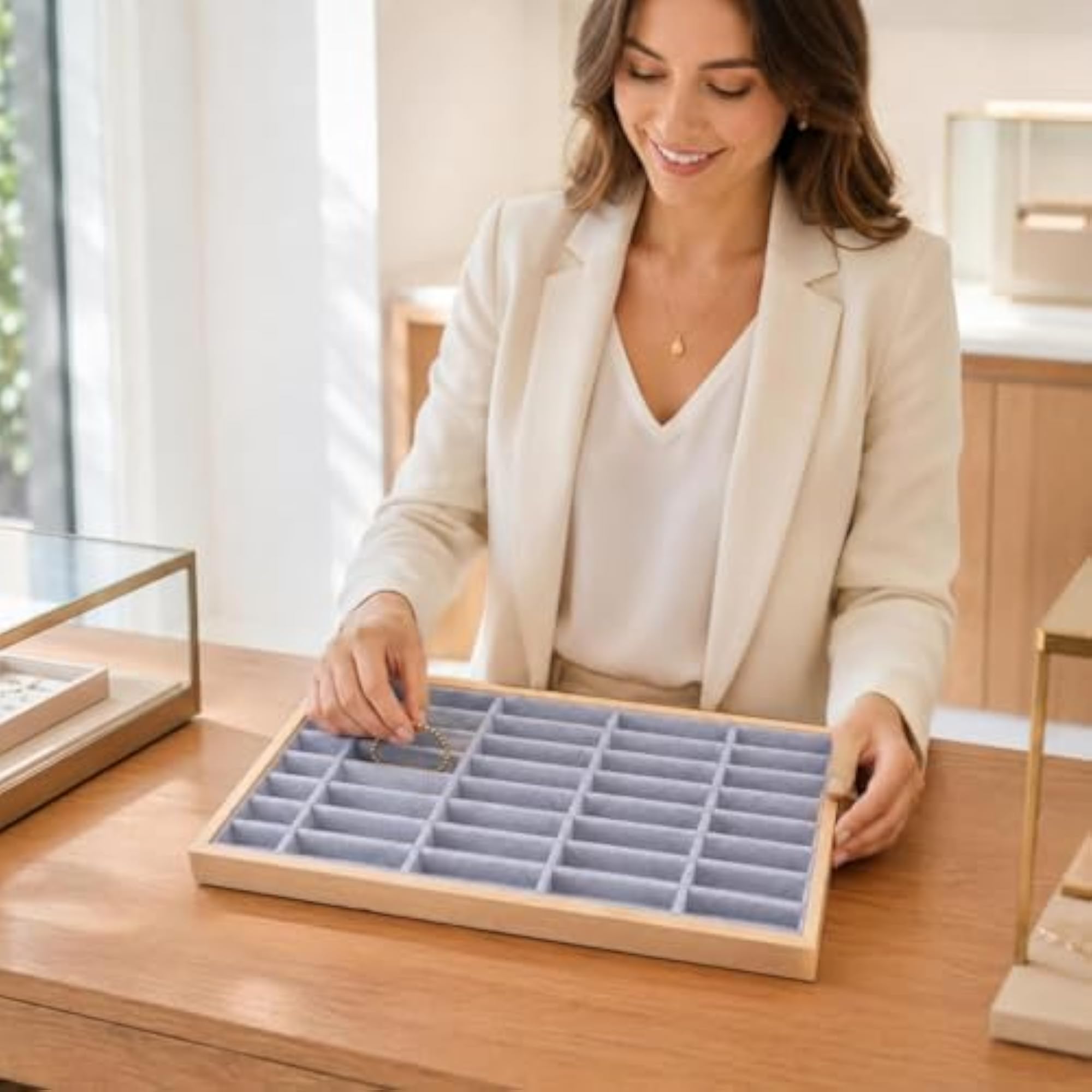 40-Slot Bracelet Display Tray, Cloth-Lined Beige