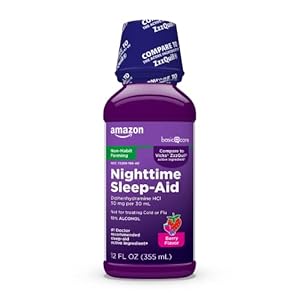 Amazon Basic Care Night Time Sleep-Aid Liquid for Adults, Diphenhydramine HCl 50 mg, Mixed Berry Flavor, Packaging May Vary, 12 fl oz (Pack of 1)