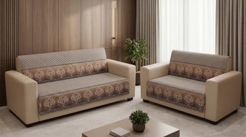 Image of KINGLY Sofa Cover 5 Seater 3+2 Velvet Full Cover - Warm Grey | Fully covered quilted velvet slipcover, washable anti-slip thick furniture protector for 3+2 living room sofa