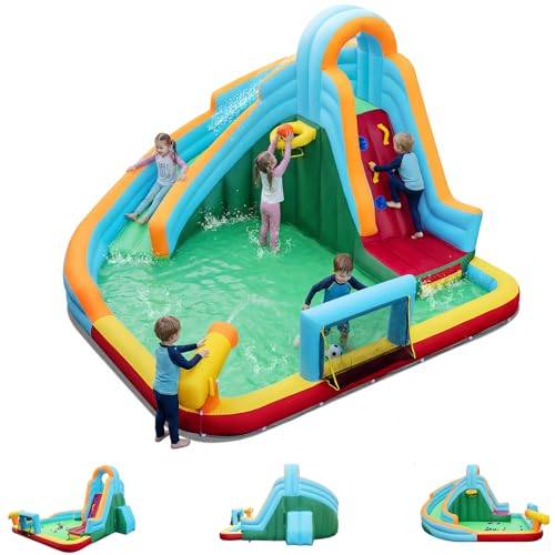 GOPLUS Chateau Gonflable Exterieur Enfant 3-12 Ans, Structure Gonflable avec Toboggan, Mur Escalade, Canon Eau, Panier Basket, But Football et Piscine Balles, Charge...