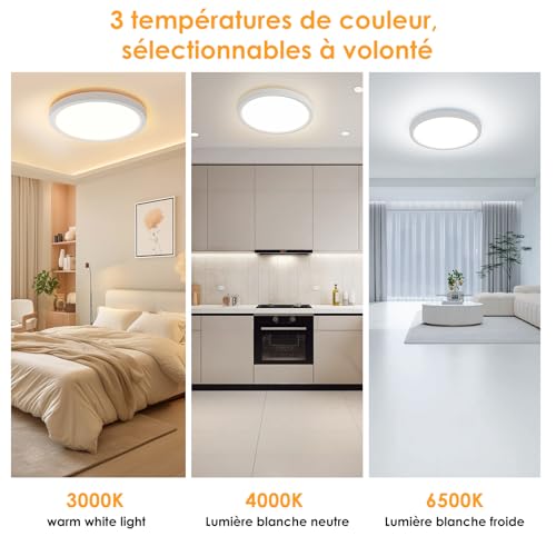 SKUTZTEK Plafonnier LED, Luminaire Plafonnier LED Étanche IP44, 3 couleurs 3000K/4000K/6500K Plafonnie Rond Ultra-fin et Moderne pour Salle De Bain, pour salle de bain, salon, chambre, cuisine (22cm) – vue 2