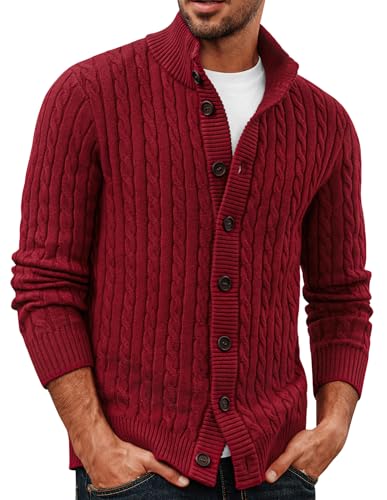 PJ PAUL JONES Mens Knitted Cardigan Button Down Cable Ribbed Stand Collar Warm Sweaters Jacket Red XL