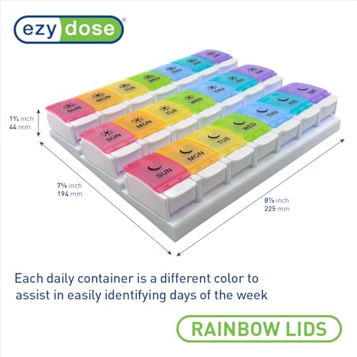 EZY DOSE Weekly (7-Day) Pill Case, Daily Medicine Planner, Vitamin Organizer Container, Large Push Button Compartments, Easy to Use, 3 Times a Day, Spring Open Design, Rainbow Lids, BPA Free - Image 4