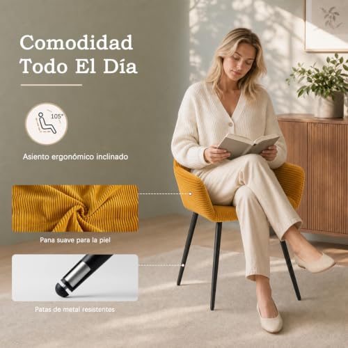 Miniatura 4 de Meuble Cosy Juego De 2 Sillas De Comedor Escandinavo Sillón Tapizado En Pana Con Reposabrazos Patas Metal Para Cocina Salón Dormitorio Oficina, Amarillo