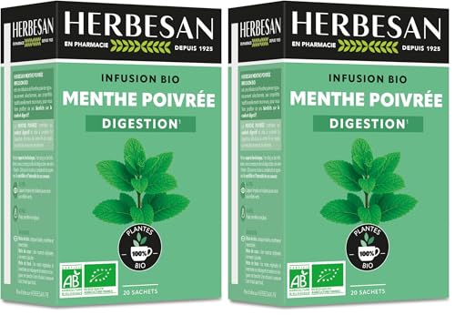 HERBESAN®-MENTHE POIVRÉE FRANCAISE BIO - INFUSION BIO - CONFORT DIGESTIF - Sans plastique- 100% plante - 20 sachets en papier (Lot de 2)