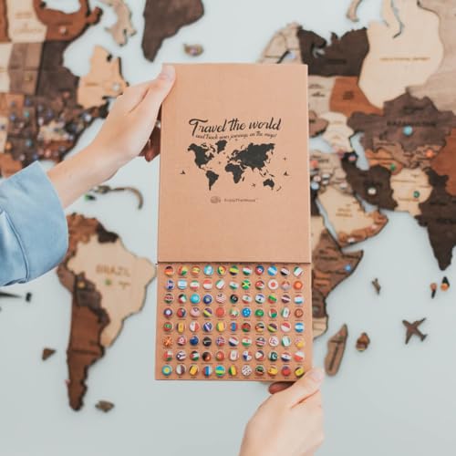 Image of Enjoy The Wood 3D Wooden World Map Wall Art - Large Travel Map with Pins for Art Decor - Decorative Map of the World for Home, Office - Travel Wall Art Housewarming Gift Idea (Flags Push Pins, Pins)
