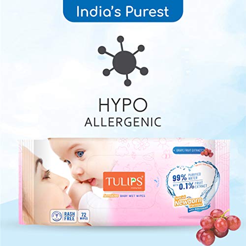 Image of Tulips Sensitive Baby Wet Wipes (72 wipes x 2 Pack), for Gentle Cleaning /Moisturising, Rash Free, 99% Purified Water with Grapefruit Extracts