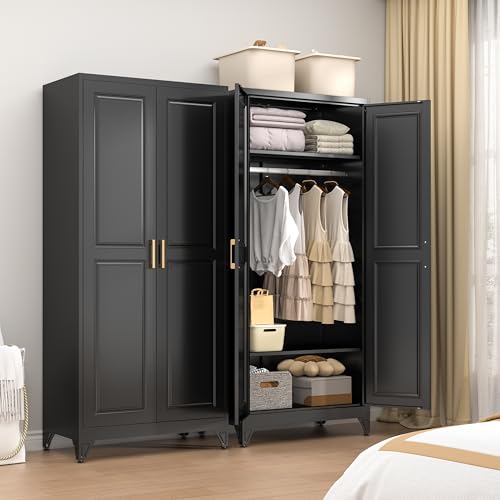 TIMELESS PIECES Metal Wardrobe Cabinets,Black Armoire Wardrobe Closet with Hanging Rod,Clothes Storage Cabinet with Adjustable Shelves and Doors,Clothing Cabinet for Bedroom, Office, Laundry Room