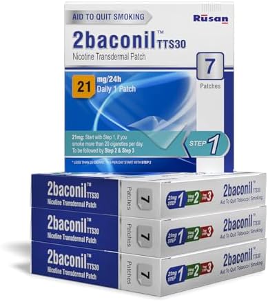 Rusan 2baconil Nicotine Transdermal Patch 21mg Step 1 | 28 Patches (4x7 Pack) | 1 Month Quit Smoking Kit | Nicotine Replacement Therapy | Quit Smoking & Chewing Tobacco/Ghutka